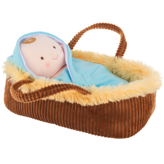 Soft baby Jesus plush doll wrapped in blue blanket resting in a plush manger basket.