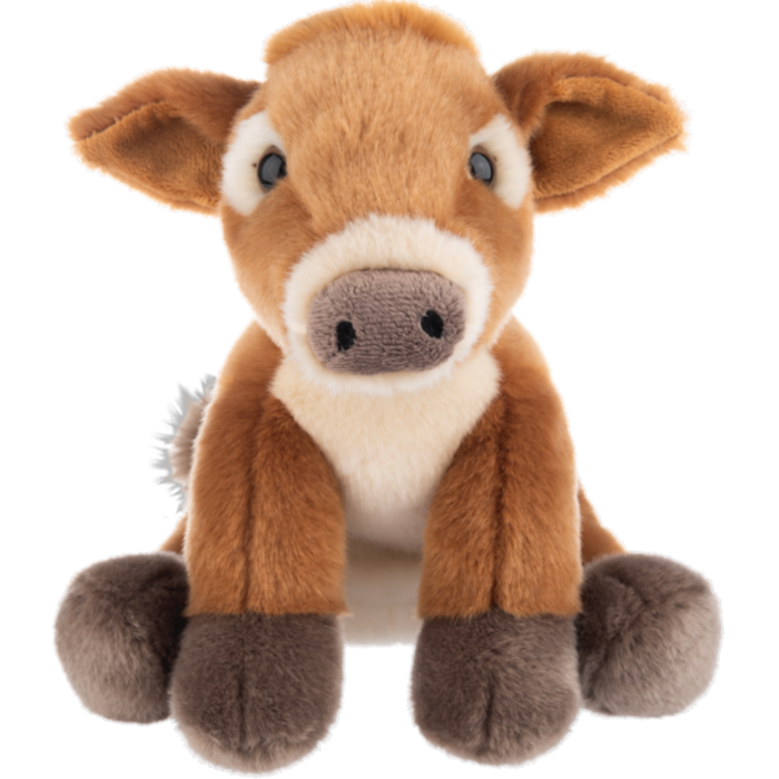 Brown and cream calf plush stuffed animal sitting upright with soft fur and stitched facial features.