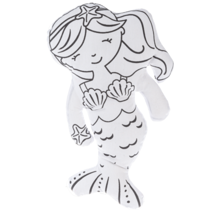 White color-your-own mermaid plush with black outline details, seashell top, and starfish accents on a white background.