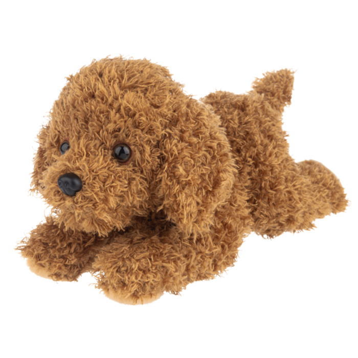 Brown Labradoodle plush stuffed dog with curly fur and floppy ears lying on a white background.