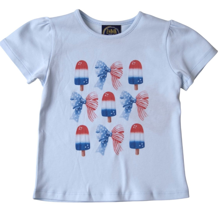 Light blue girls short sleeve tee with red, white, and blue popsicle and bow patriotic print on front.