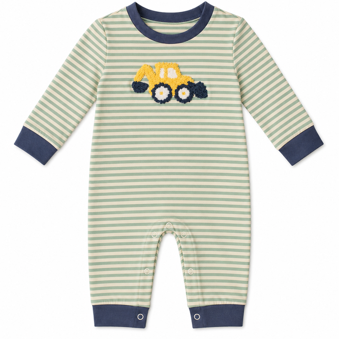 Baby boy green striped romper with backhoe truck appliqué and blue trim