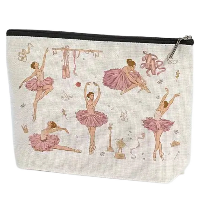 Cosmetic pouch featuring ballerinas in pink tutus with ballet-themed items like trophies, ribbons, and crowns on a soft canvas background.