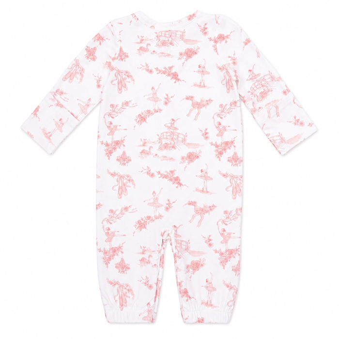 Ballet toile newborn gown with snap front and soft pink print, baby girl coming home outfit