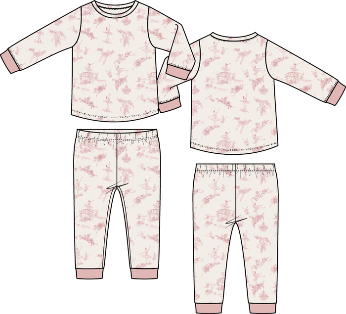 Girls ballet toile loungewear set with long sleeve top and matching pants in soft blush print