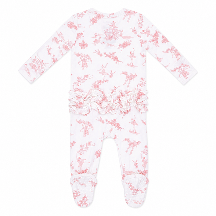Blush ballet toile baby footie with zipper closure, ruffle back detail, and footed design