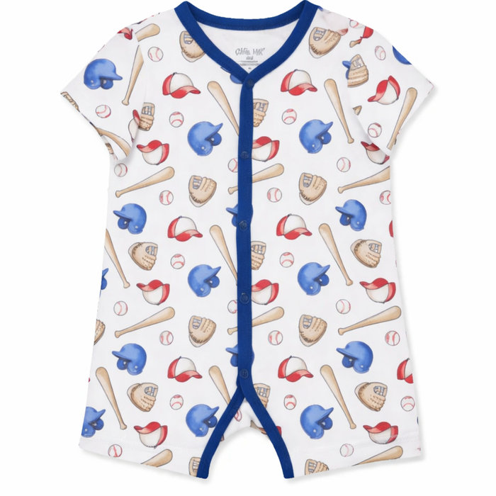 Baby short sleeve baseball print romper with blue trim, featuring helmets, bats, gloves, balls, and red caps on white fabric.