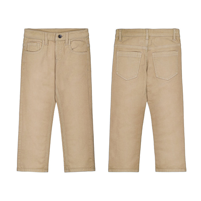 Boys khaki pants with straight fit, button closure, belt loops, and front and back pockets
