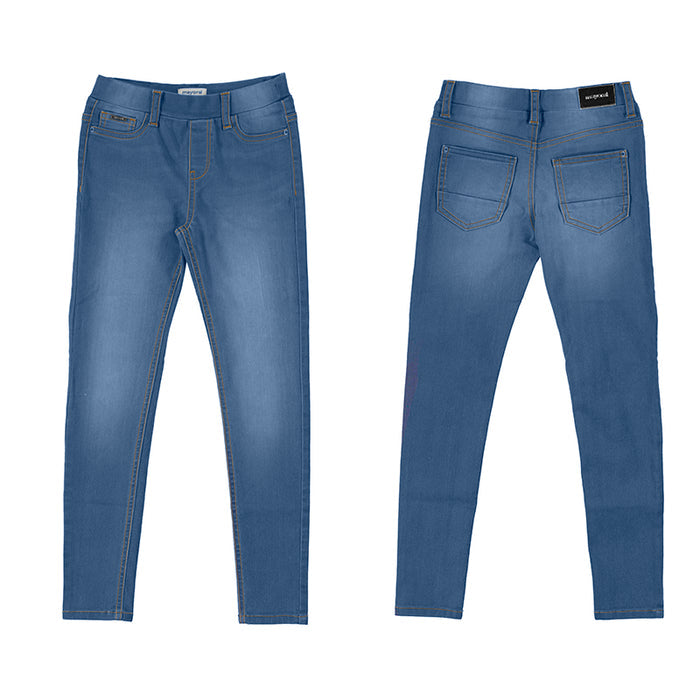 Denim jegging with elastic waist band.