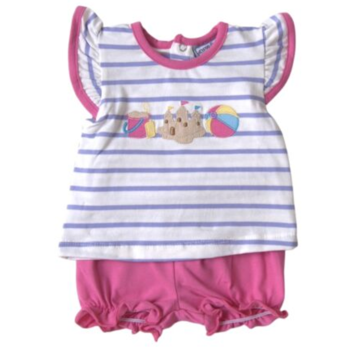 Baby outfit with striped top with beach ball, sandcastle and sand pail and pink shorts on a white background
