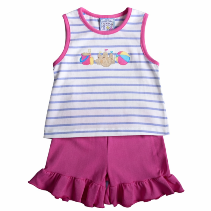 Girls striped sleeveless top with beach sandcastle appliqué and pink ruffle shorts displayed on a white background.