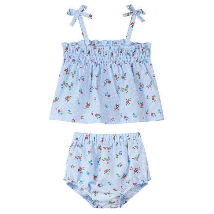 Baby girl blue gingham Bianca set with floral print smocked top, tie shoulder straps, and matching bloomers