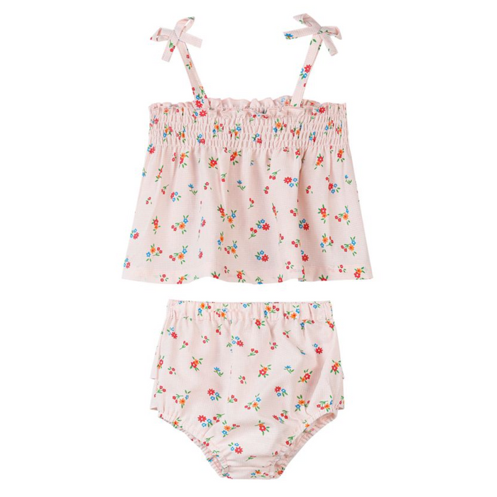 Baby girl pink floral Bianca set with smocked top, tie shoulder straps, and matching bloomers