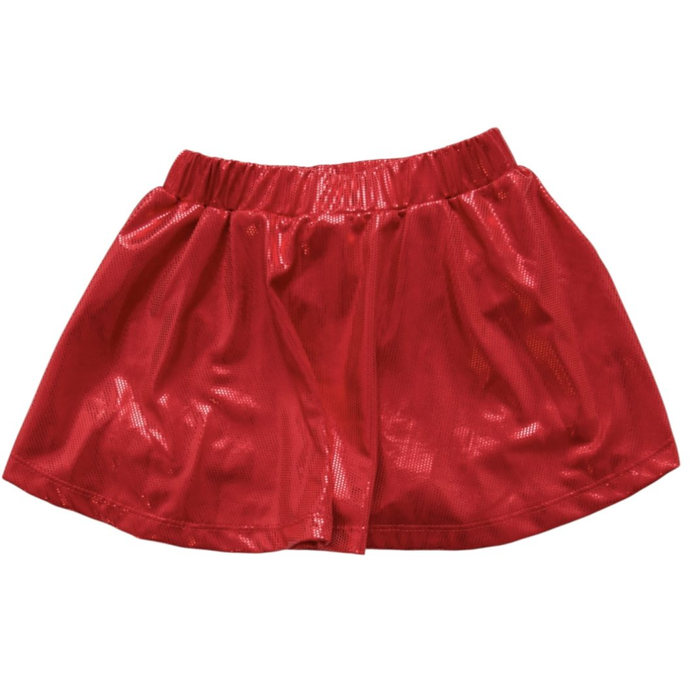 Red metallic girls skort with elastic waistband and built-in shorts.