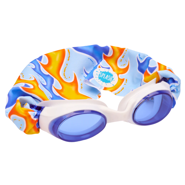 Kids swim goggles with blue lenses and blue/orange flame print strap on white background.