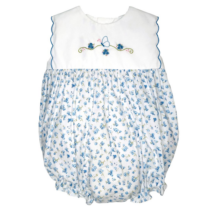 Baby romper with floral pattern and embroidered butterfly details on a white background