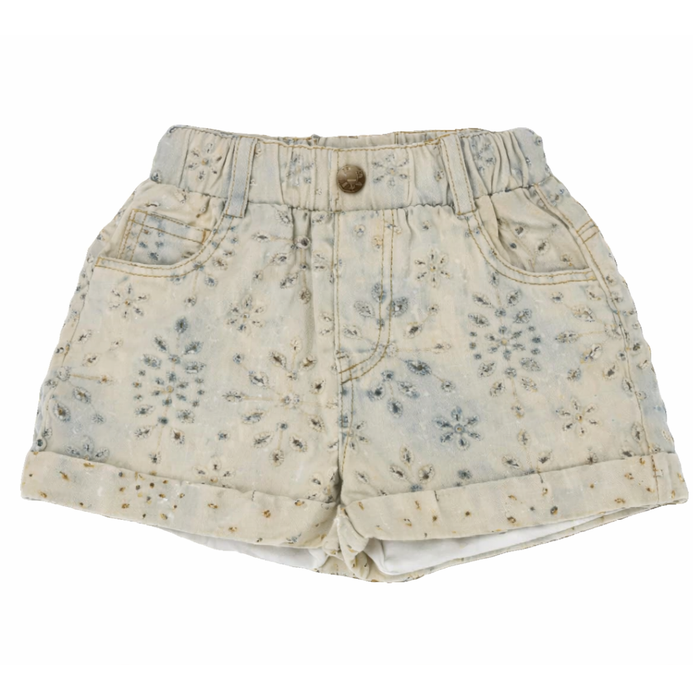 Light wash girls denim shorts with floral eyelet embroidery, cuffed hem, and elastic waistband.