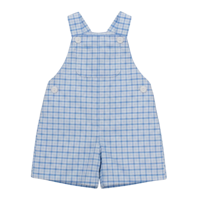 Blue plaid jon jon shortall with adjustable button straps and front pocket for baby and toddler boys