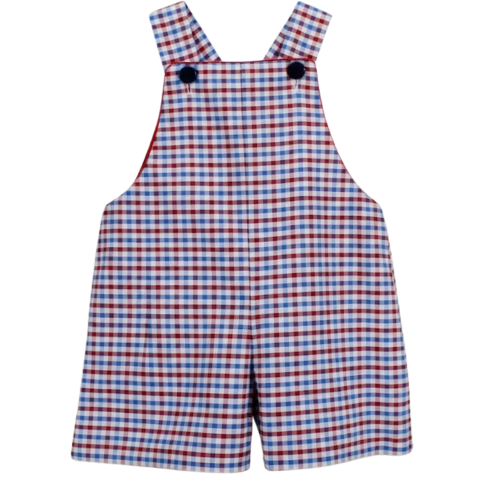 Red white and blue gingham overalls on a white background