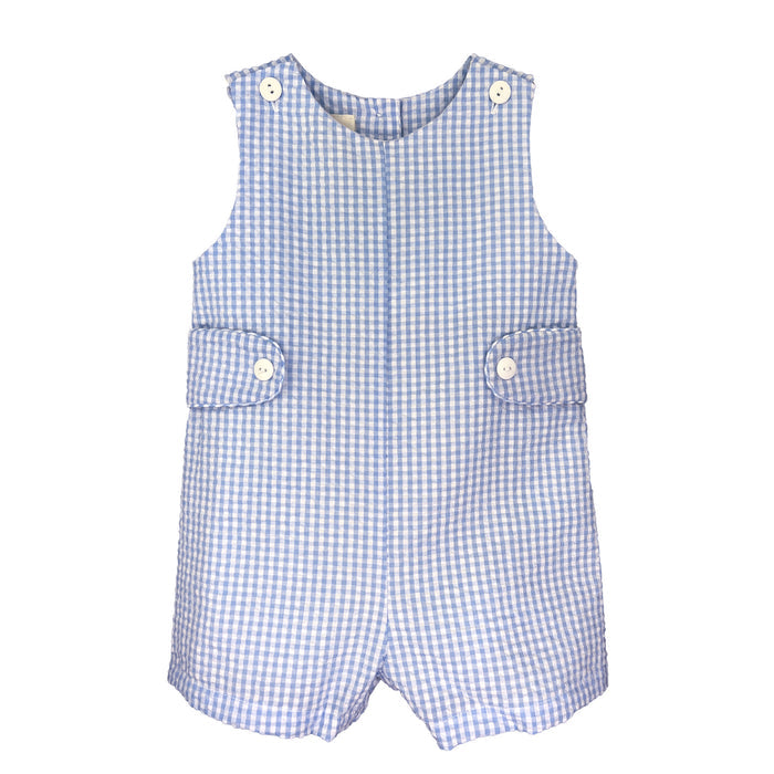 Baby blue gingham sleeveless romper with button shoulder closures, pocket flaps, and snap bottom on white background.