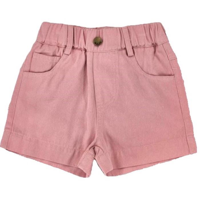 blush pink jean short with elastic waist, faux fly and front pockets