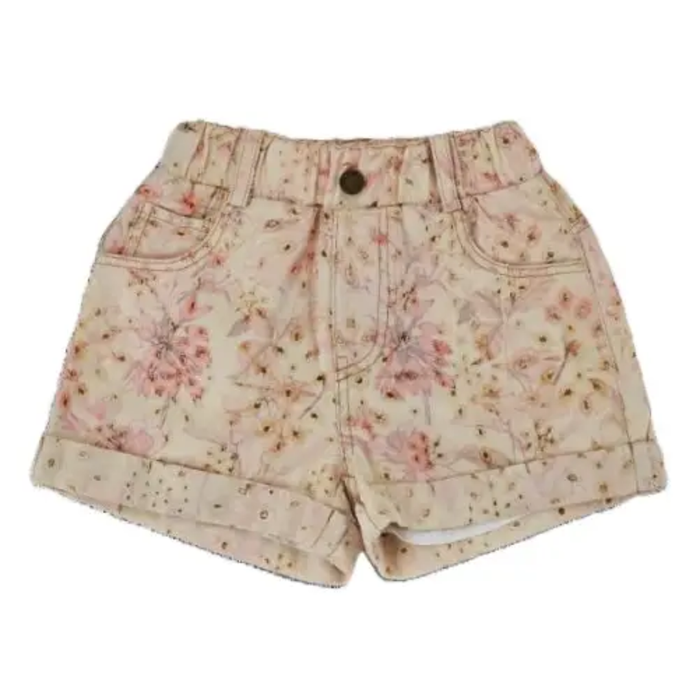 Girls neutral floral shorts with pink flowers, button waist, and rolled hem boutique style spring shorts.