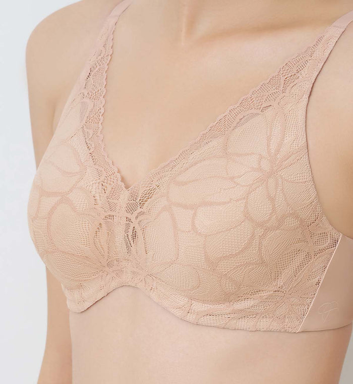 Body Makeup Illusion Lace Wired Push Up Deep V Bra - NUDE BEIGE