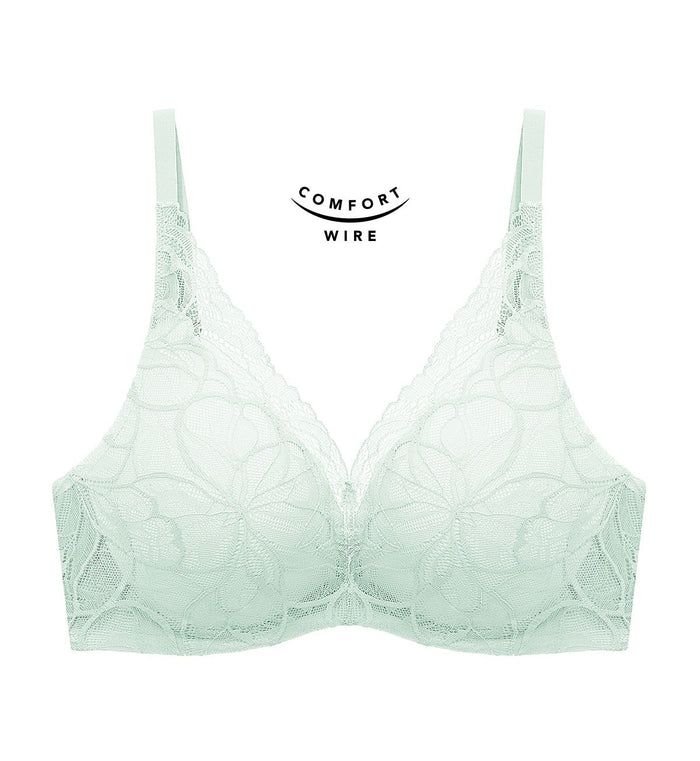 Body Makeup Illusion Lace Wired Push Up Deep V Bra - FOREST FROST