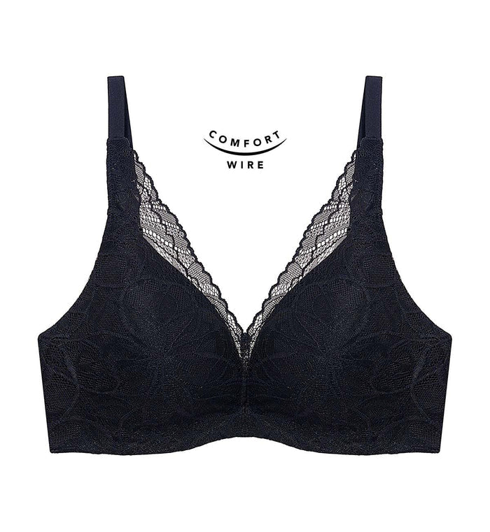 Body Makeup Illusion Lace Wired Push Up Deep V Bra - BLACK