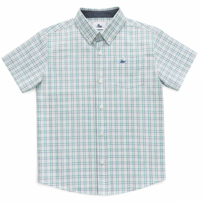 Boys Blue & Mint Plaid Short Sleeve Button Down Shirt with Boat Embroidery
