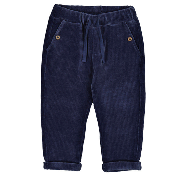 Navy blue corduroy-style knit pants for boys with rolled cuffs, side pockets, and an elastic drawstring waistband