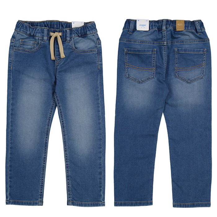 Front and back view of boys’ medium wash denim jogger pants with elastic waistband, drawstring, and pockets
