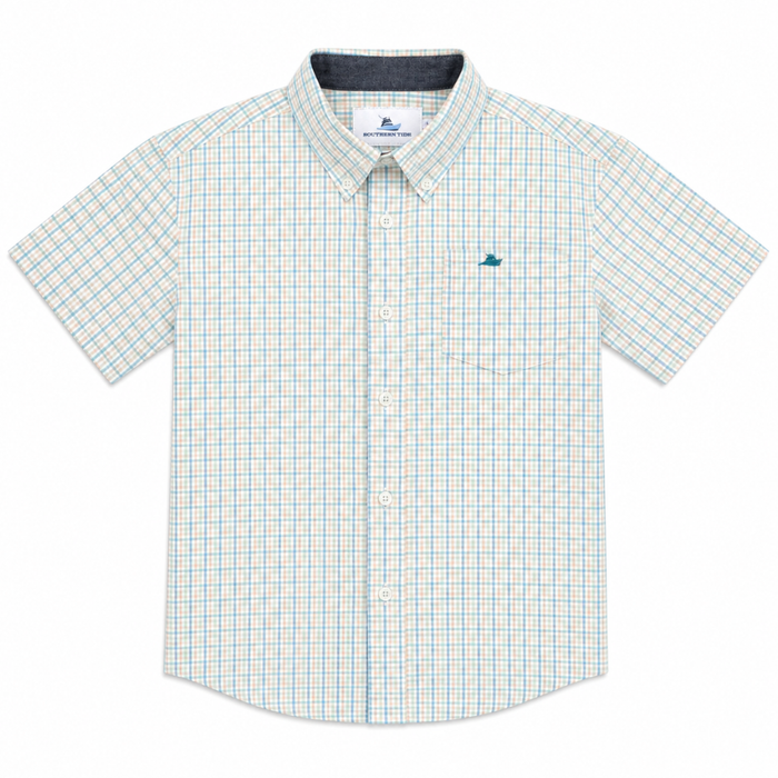 Teal and tan plaid boys short sleeve button down dress shirt