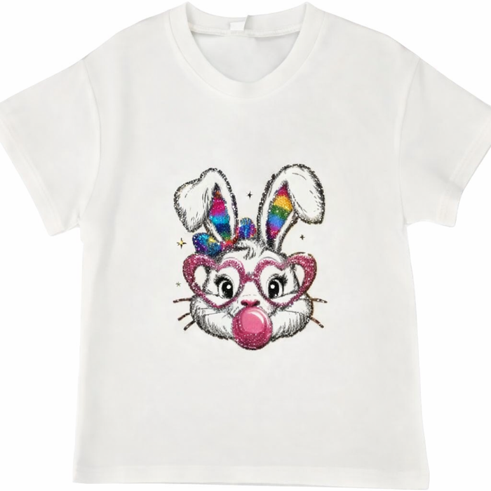 White girls short sleeve tee with glitter bunny graphic, rainbow ears, heart glasses, and pink bubblegum bubble.