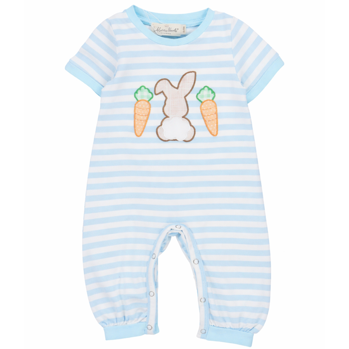 blue striped Easter romper with bunny and carrot appliqué, short sleeves, and snap closures for easy changes.