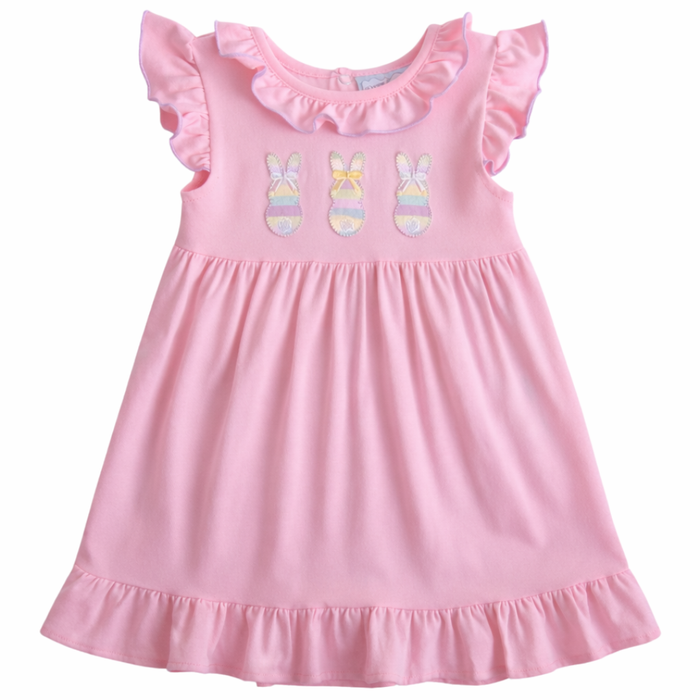 Pink toddler dress with ruffle sleeves and three pastel bunny appliqués on the front displayed on a white