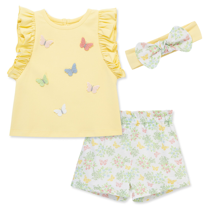 Baby girl yellow ruffle sleeve top with embroidered butterflies, matching floral shorts, and coordinating butterfly bow headband.