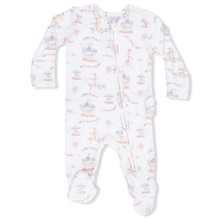 baby footie with 2 way zipper, ruffled bum and a sweet carousel all over print.