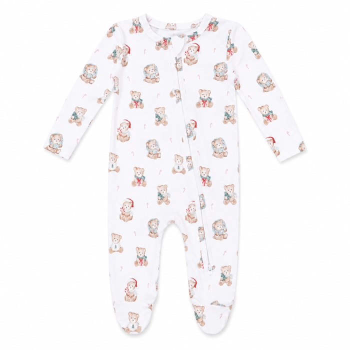 Christmas teddy bear baby footie with zipper closure and footed design on neutral background