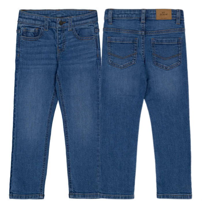 Front and back view of Mayoral boys' slim fit medium wash blue jeans with classic five-pocket styling and straight leg.