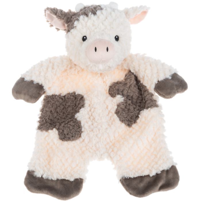 Cream and brown flat-a-pat cow plush with soft textured fabric, floppy arms and legs, and an embroidered face.