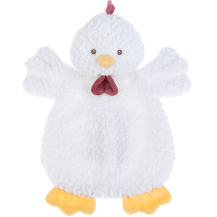 White flat-a-pat chicken plush with fluffy texture, yellow feet, soft wings, and a small red comb.