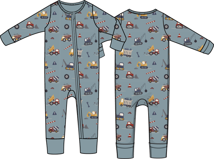 Blue baby romper with construction trucks and cranes print, long sleeve zipper sleeper for baby boy