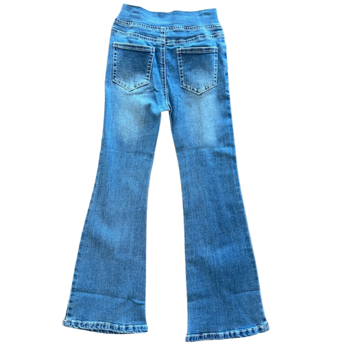 medium wash flared denim pull on jean with crisscross waistband back view