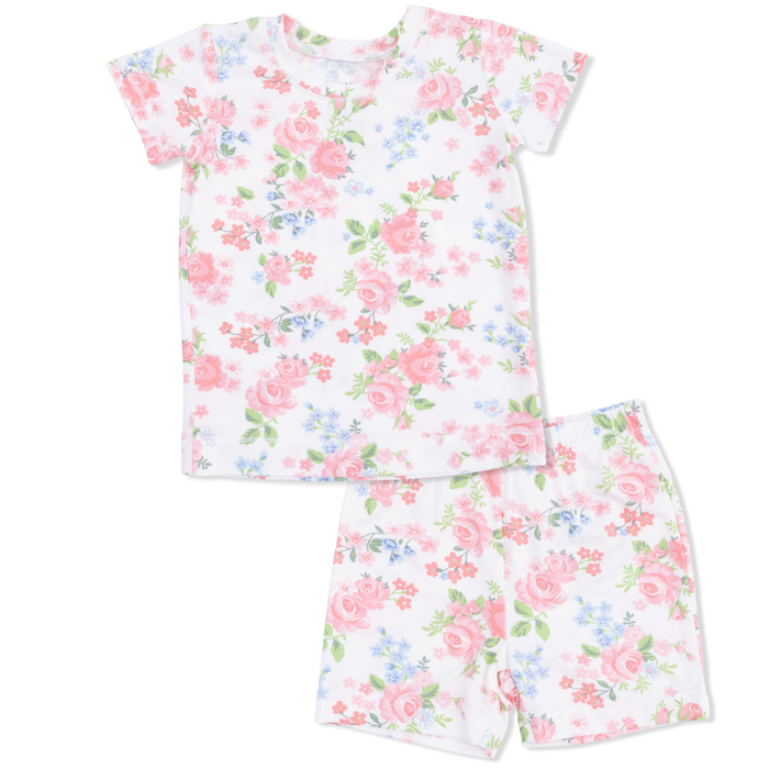 Pink Floral pajama set with top and shorts on a white background