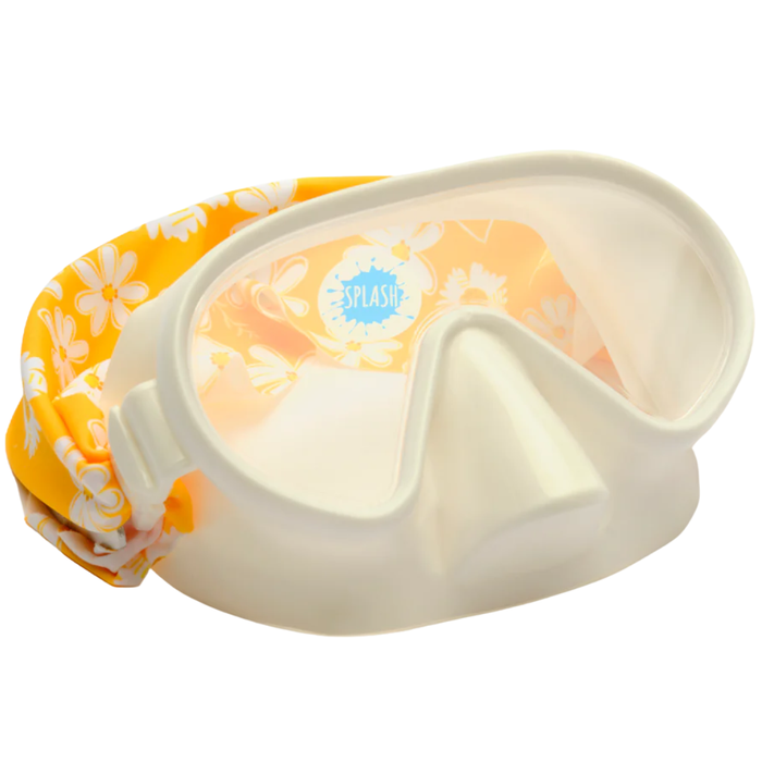 Ivory kids swim mask with clear lens and yellow daisy print strap on white background.