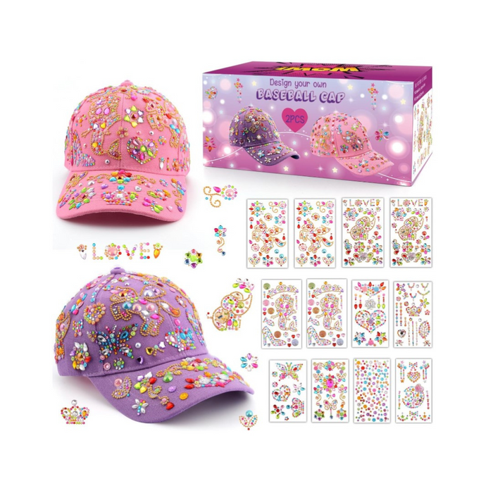 DIY decorate-your-own baseball cap kit with pink and purple hats, colorful gem stickers, and a vibrant gift box.