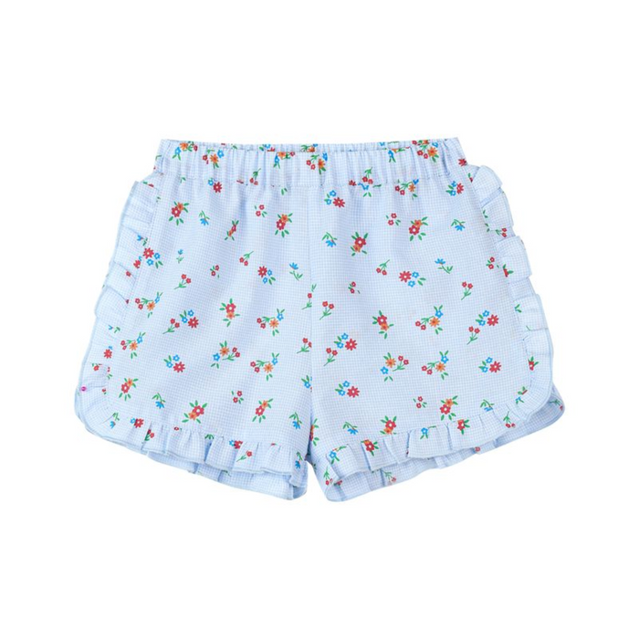 Girls blue gingham floral shorts with ruffle trim and elastic waistband