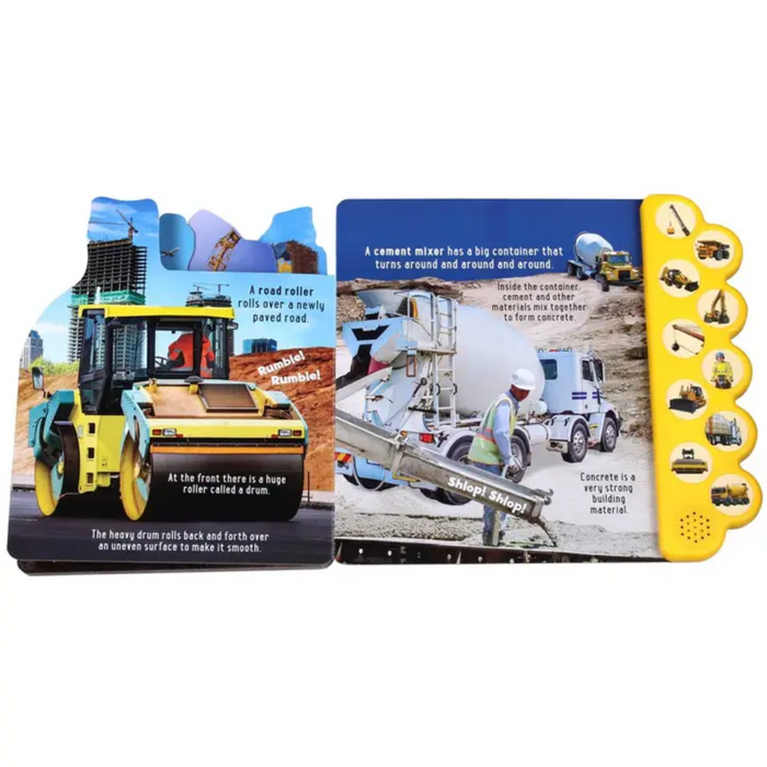 Pages showing road roller and cement mixer with real photographs and construction facts.