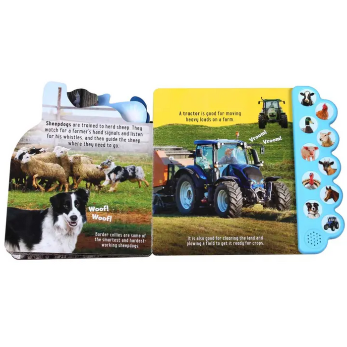 Tractor and sheepdog spread with facts and matching sound buttons.